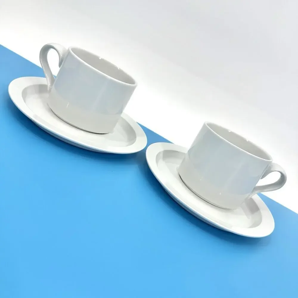 2 Sets of DANSK Bistro White 8oz. Coffee Cup & Saucer Portugal Minimalist (4pc.)